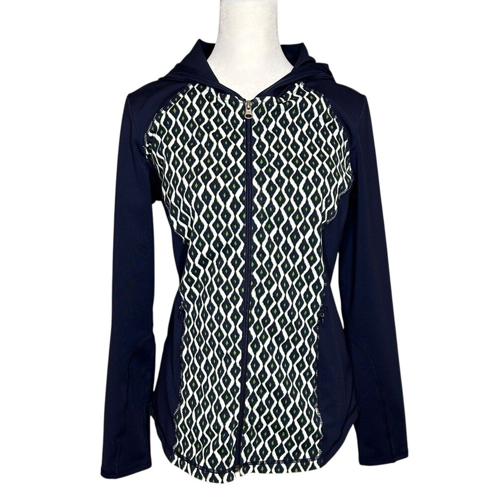 Zenergy by Chico's Hooded Jacket Sporty Navy Blue White Sz Small Full Zip